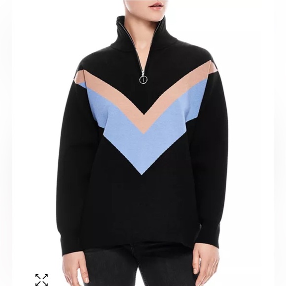 Sandro Busserole Chevron Sweater 1/4 Zip Rib Knit Long Sleeve Pullover Black L - Picture 1 of 15